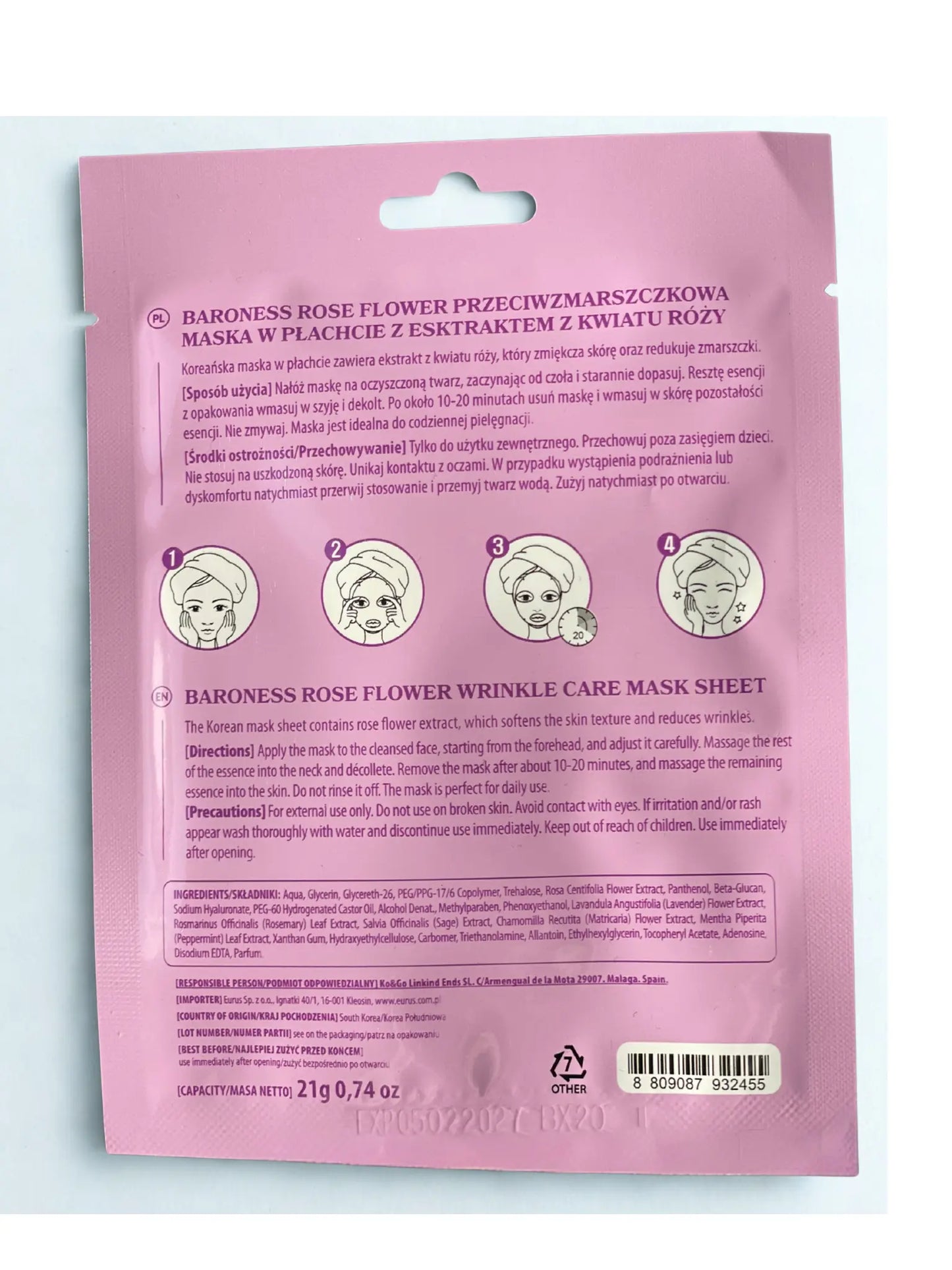 Baroness Rose Flower Face Sheet Mask - Softens, Calming, Anti-Inflammatory (1 mask) Face K