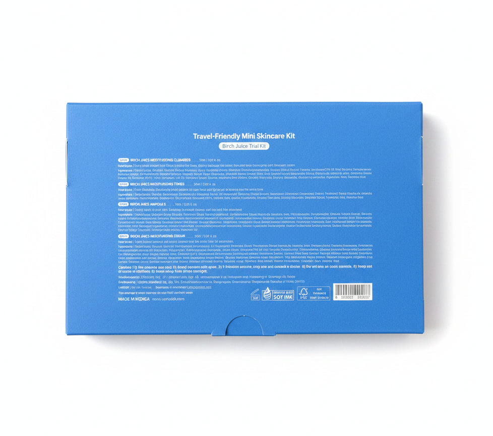 Blue box with text and a barcode on a dark surface