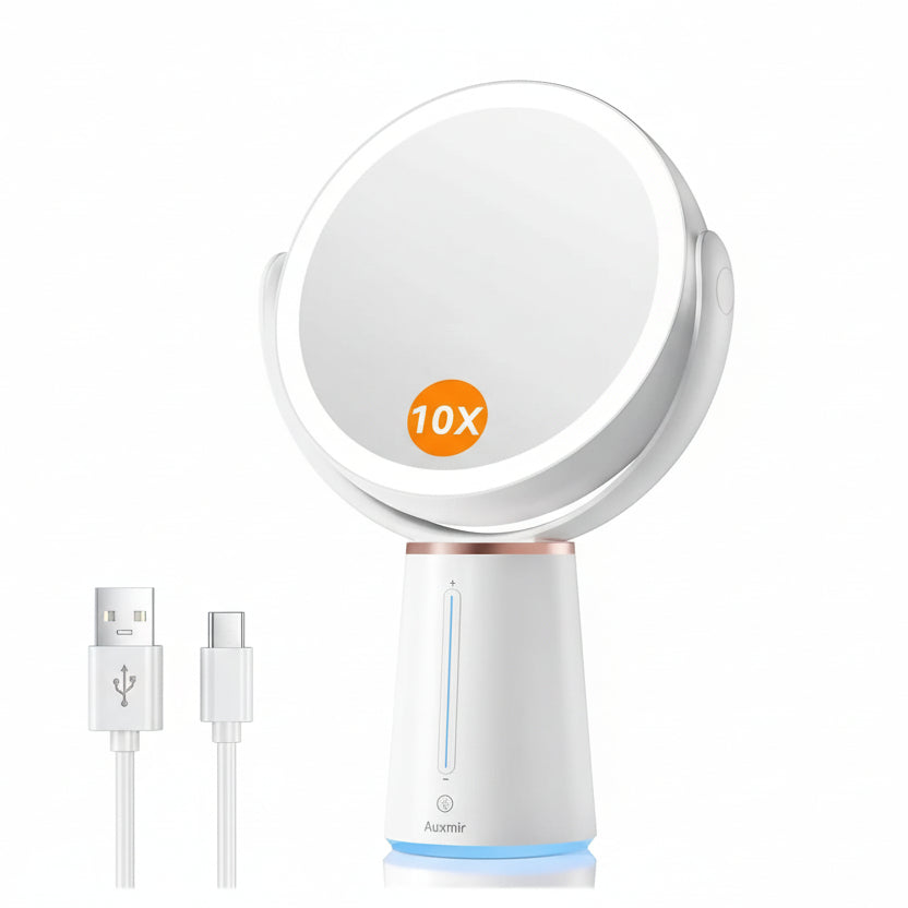Portable magnifying mirror, lights, with USB cable on a white background