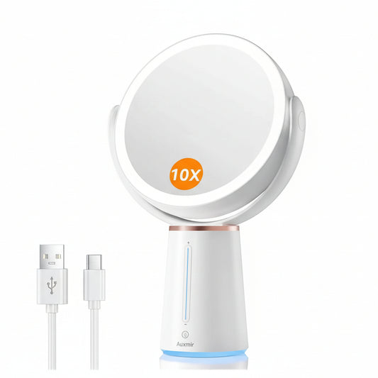 Portable magnifying mirror, lights, with USB cable on a white background