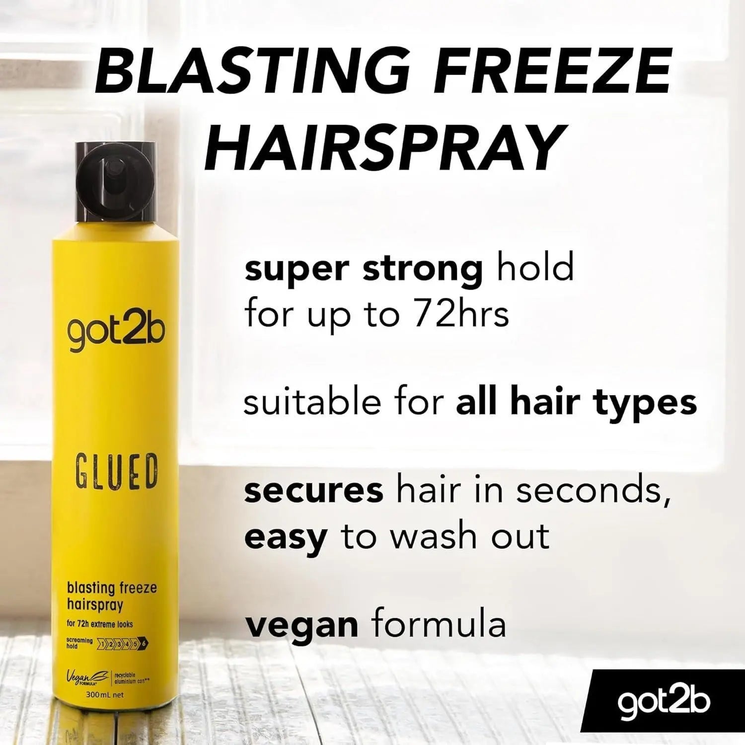 Got2B Glued Blasting Freeze Hairspray 300ml - Ultra Strong Hold 72H, Vegan Formula, for Extreme Hairstyles, Schwarzkopf & Henkel Gel Haircare Face K