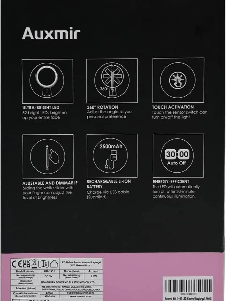 Makeup Mirror with Lights, 8.3'' Double-sided 10X/1X Magnifying Mirror, 2500mAh USB Rechargeable Mirrors with 52 LED lights and 10 Brightness, 360° Rotating Face K