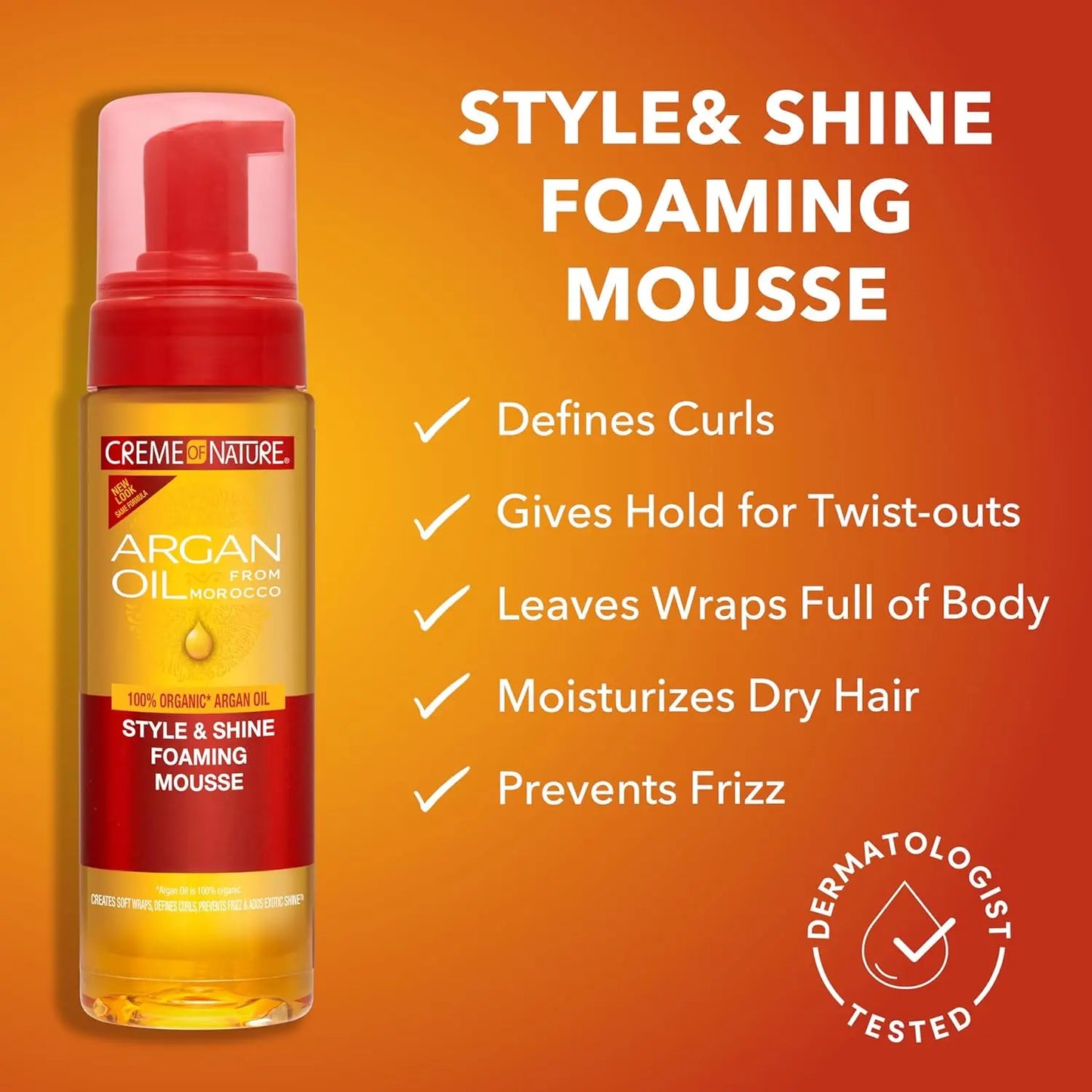Creme of Nature Argan Oil Foaming Mousse - Curl Definition Shine & Moisture 100% Pure Moroccan Oil  7floz Face K