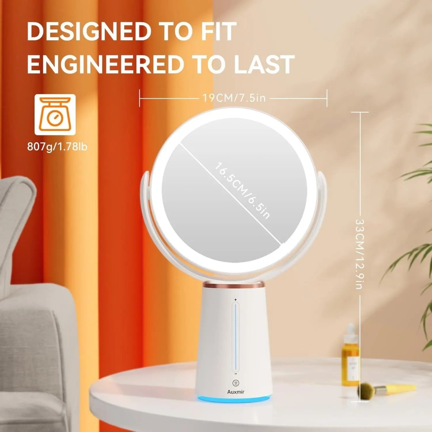 Makeup Mirror with Lights, 8.3'' Double-sided 10X/1X Magnifying Mirror, 2500mAh USB Rechargeable Mirrors with 52 LED lights and 10 Brightness, 360° Rotating Face K