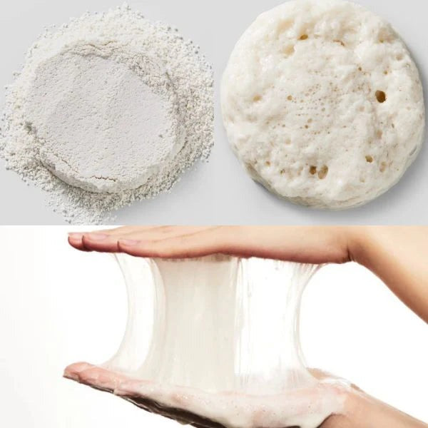 Top left: Powdered form, top right: Baked product, bottom: Dough being stretched