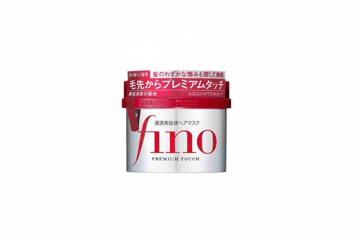 Fino hair mask container with red and white design