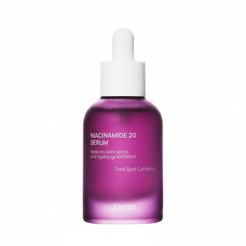 Purple serum bottle with dropper labeled 'Niacinamide 20 Serum' by Jumiso on a white background.