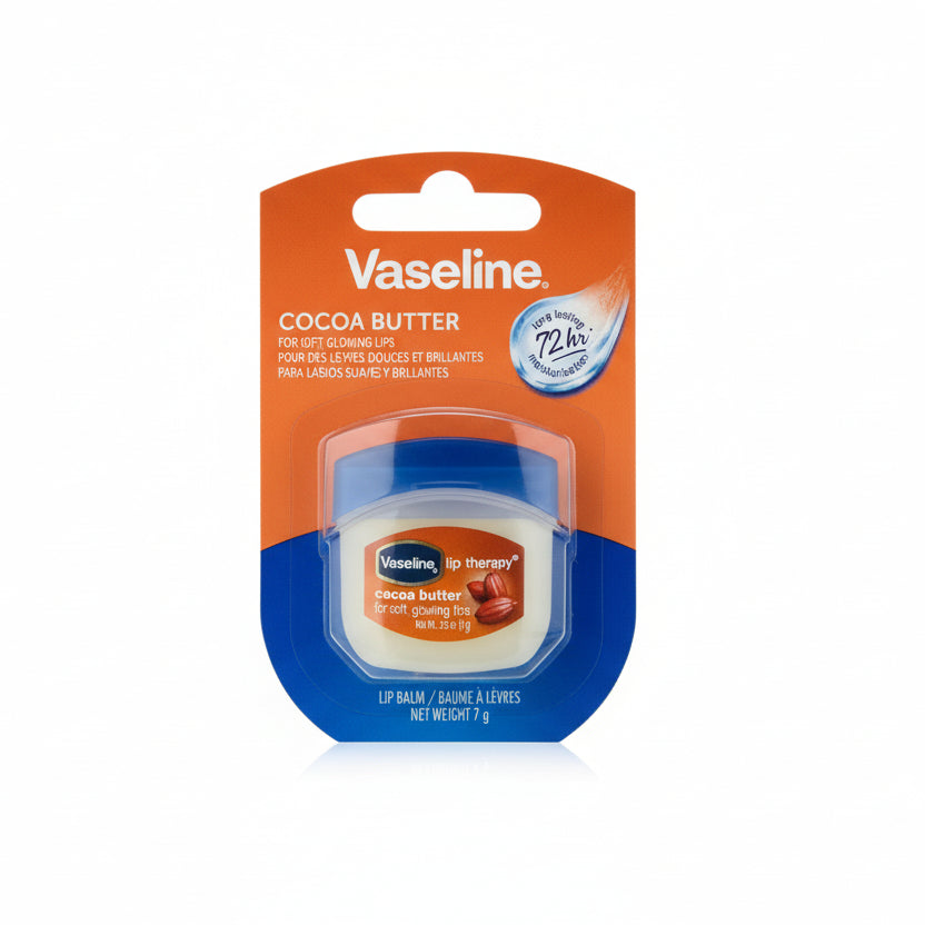 Vaseline cocoa butter lip balm packaging on a white background