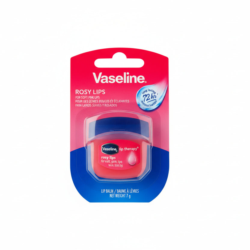 Vaseline Rosy Lips lip balm packaging on a white background