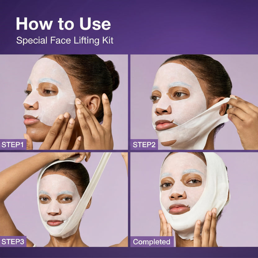 Step-by-step guide on how to use a special face lifting kit with a purple background.