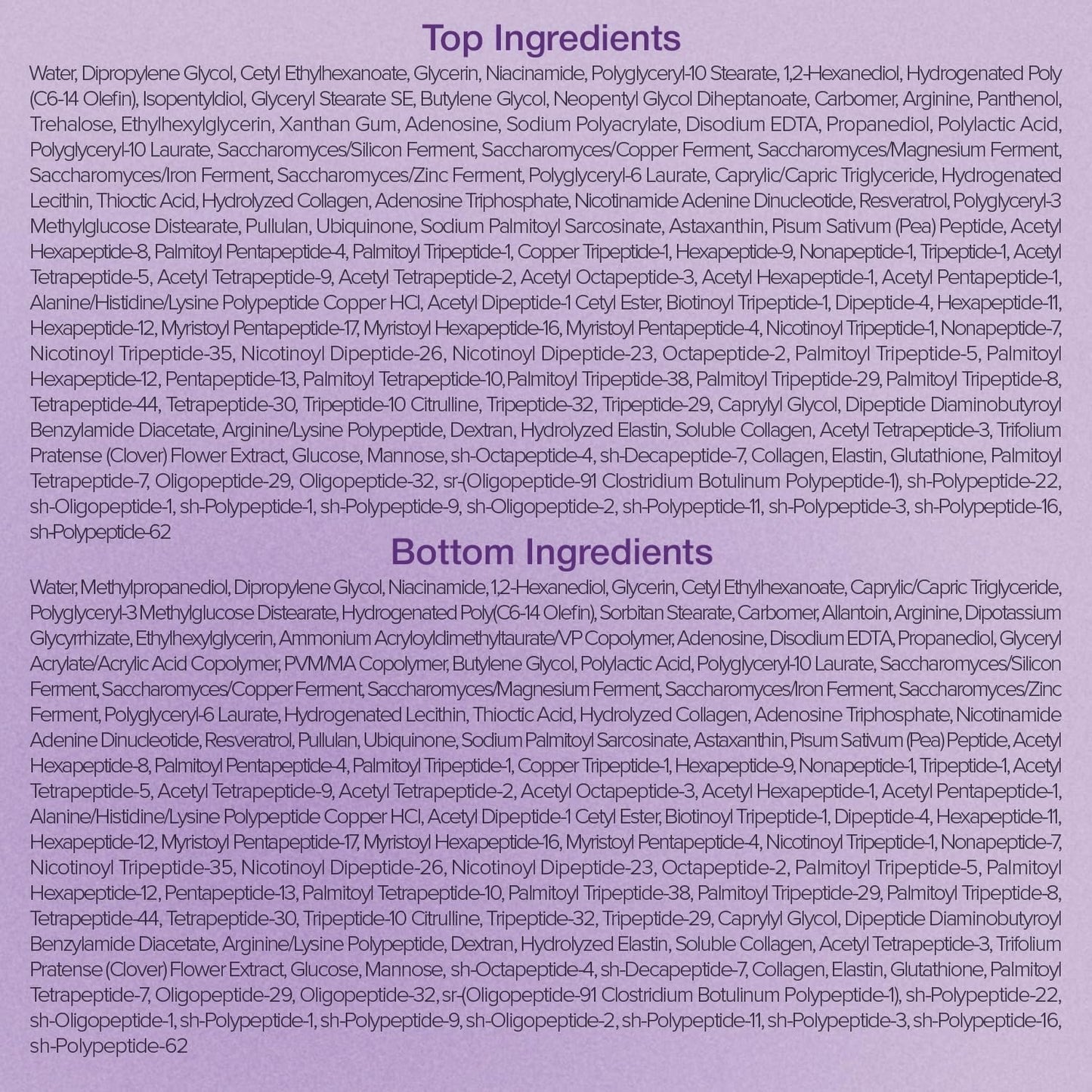 List of top and bottom ingredients on a purple background