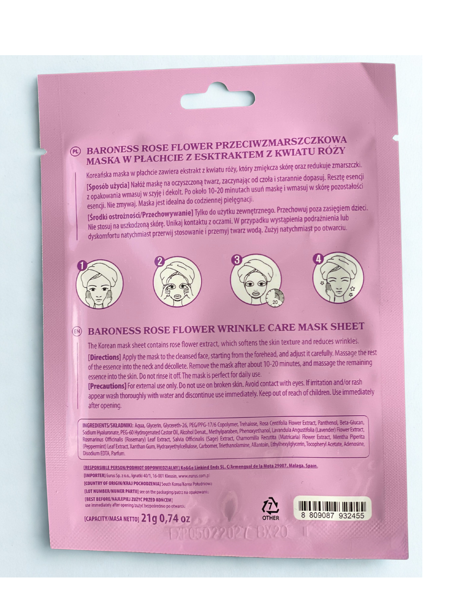 Baroness Rose Flower Face Sheet Mask - Softens, Calming, Anti-Inflammatory (1 mask)
