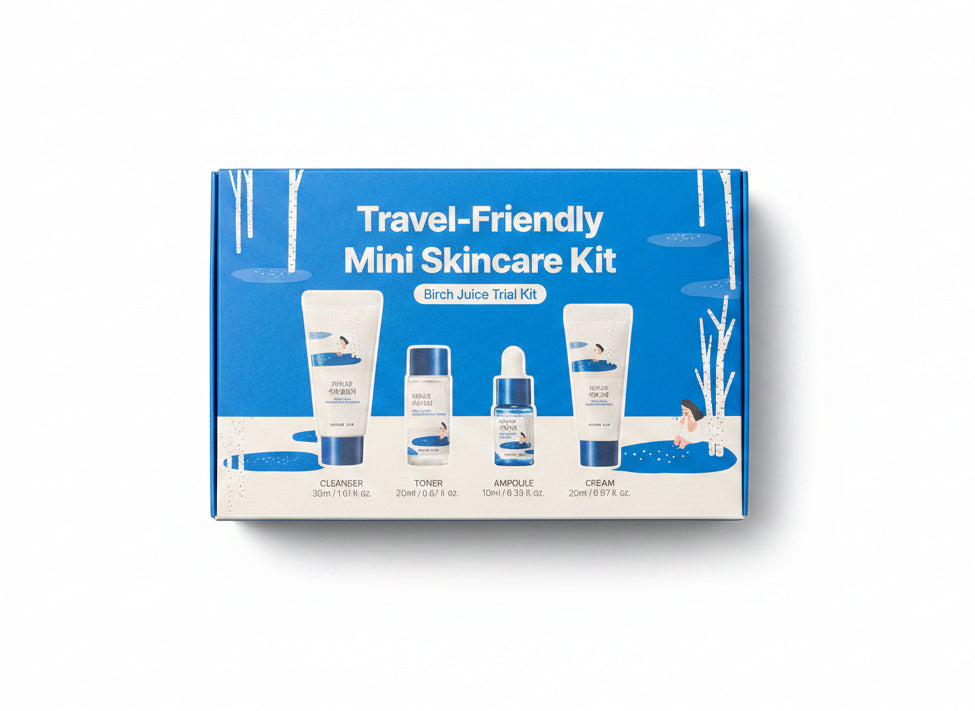 Blue box of a travel-friendly mini skincare kit on a dark surface