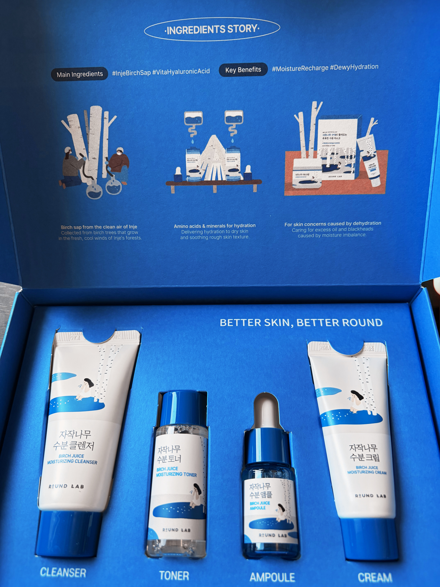 ROUND LAB Birch Juice Trial Kit Set 4-Step Hydrating Skincare – Cleanser, Toner, Ampoule, Moisturizing Cream for Sensitive Dry Skin