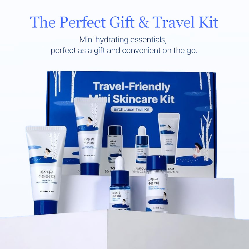 ROUND LAB Birch Juice Trial Kit Set 4-Step Hydrating Skincare – Cleanser, Toner, Ampoule, Moisturizing Cream for Sensitive Dry Skin