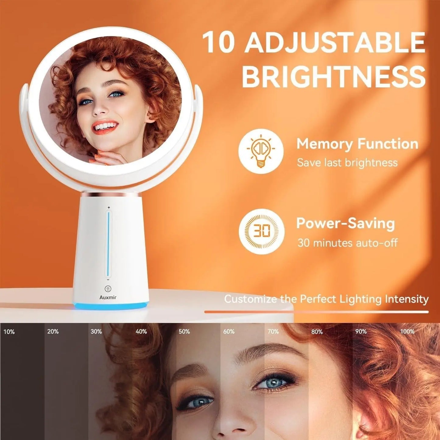 Makeup Mirror with Lights, 8.3'' Double-sided 10X/1X Magnifying Mirror, 2500mAh USB Rechargeable Mirrors with 52 LED lights and 10 Brightness, 360° Rotating Face K