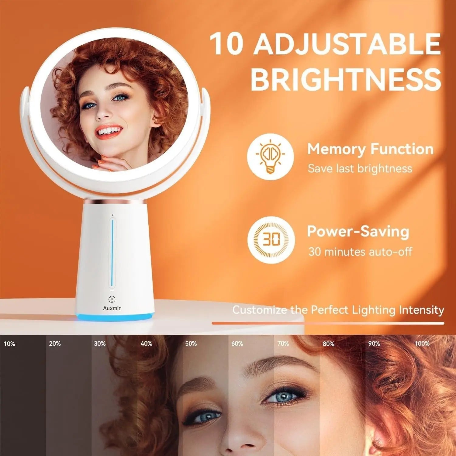 Makeup Mirror with Lights, 8.3'' Double-sided 10X/1X Magnifying Mirror, 2500mAh USB Rechargeable Mirrors with 52 LED lights and 10 Brightness, 360° Rotating Face K