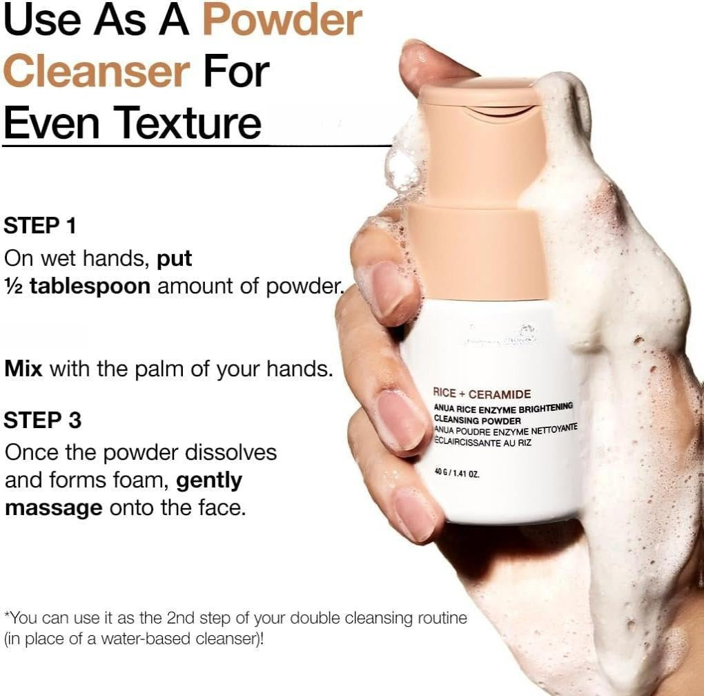 ANUA Rice Enzyme Brightening Cleansing Powder, Facial Cleanser, Gentle Face Wash for Hydration, Rice Mask, Exfoliator, Ceramide, Radiant Skin, Korean Skincare, Fragrance Free, 40g