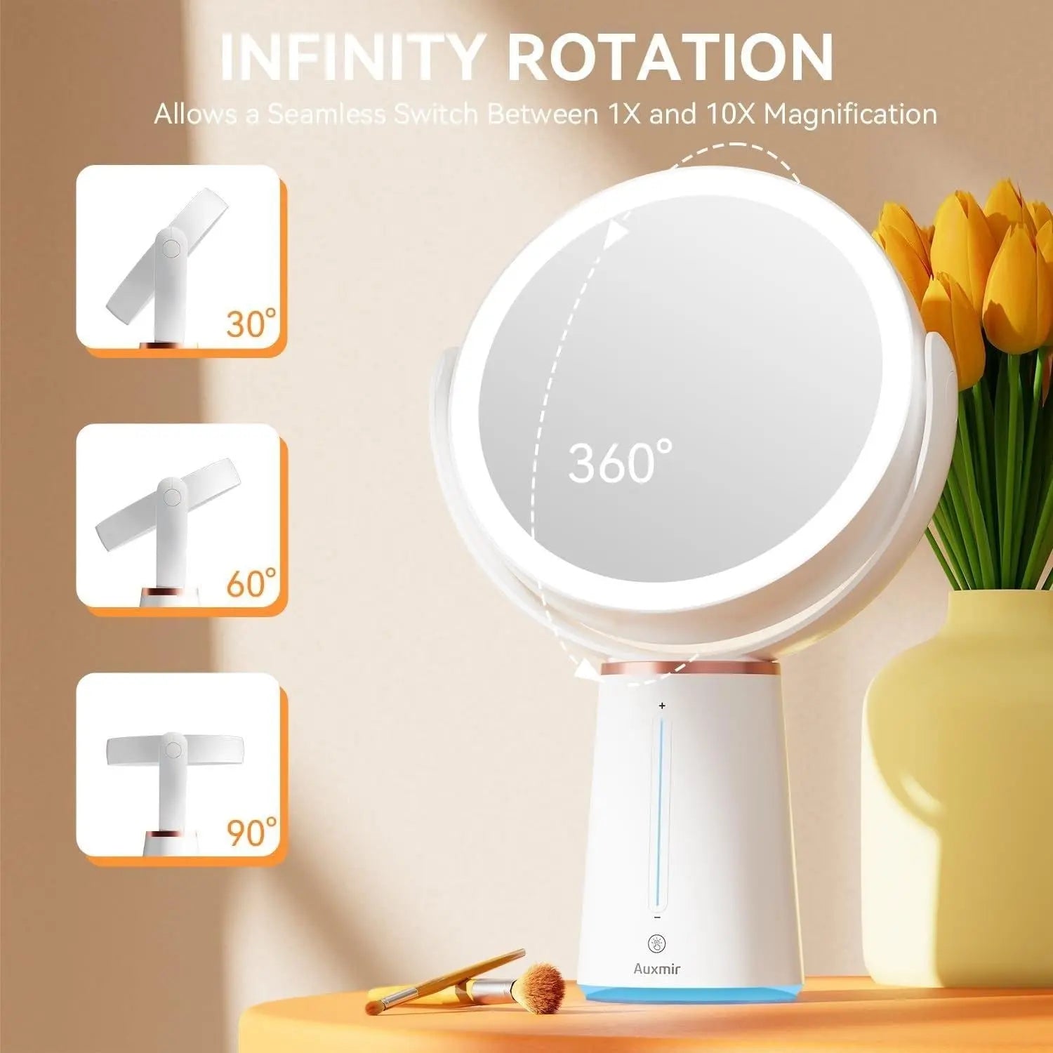 Makeup Mirror with Lights, 8.3'' Double-sided 10X/1X Magnifying Mirror, 2500mAh USB Rechargeable Mirrors with 52 LED lights and 10 Brightness, 360° Rotating Face K